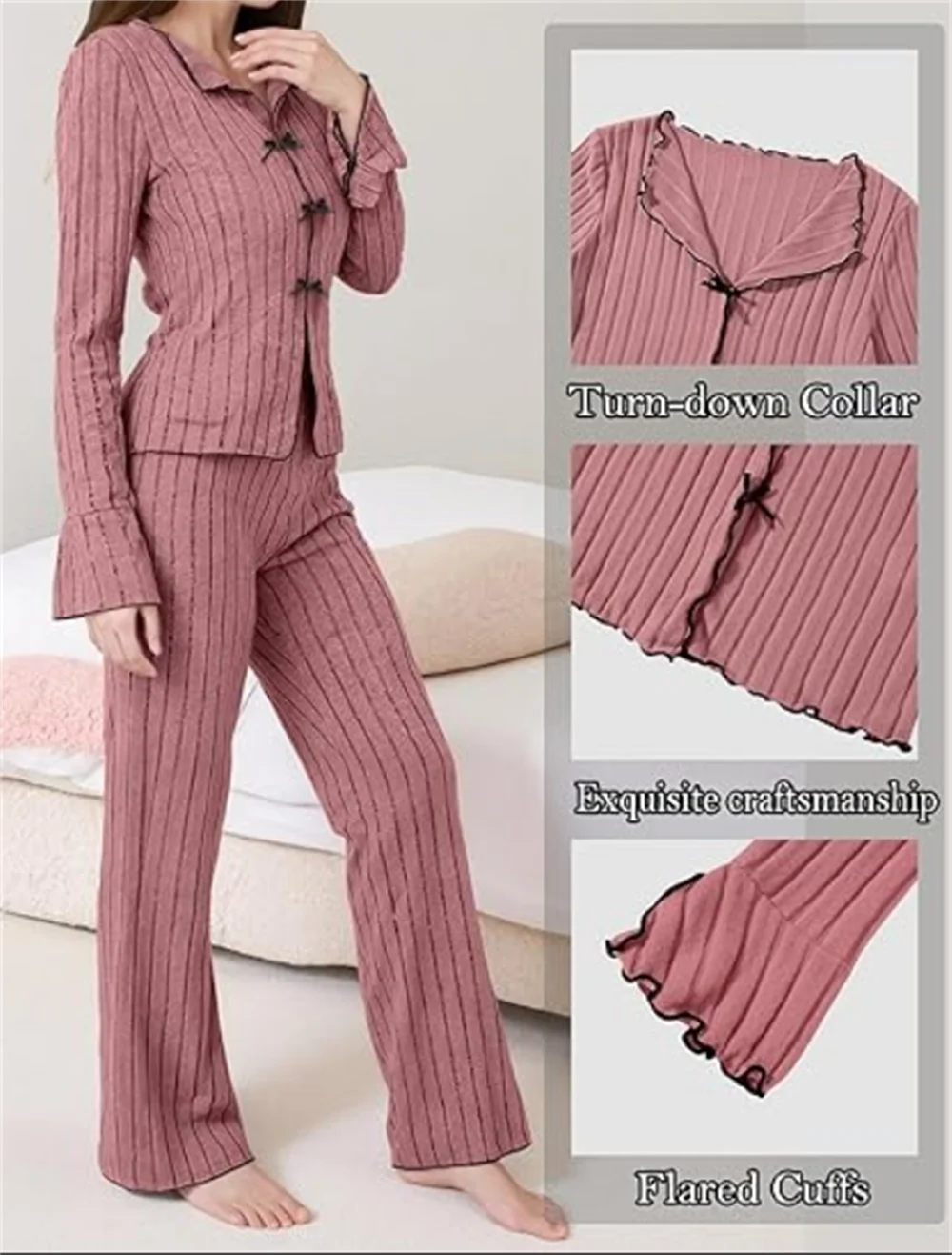 Ribbed Knit Pajama Sets Long Sleeve Lounge Set for Women  Button Top Full Length Pants 2 Piece Fall Casual Outfit Sets