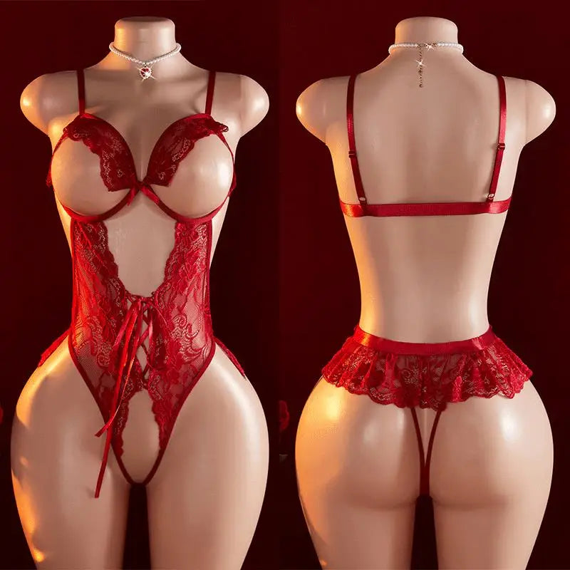 Erotic Lingerie Set Sexy Hot Sexy Underwear Women Bodysuit Lingerie Lace See Through Open Crotch Bodysuit Deep V Neck Open Bra