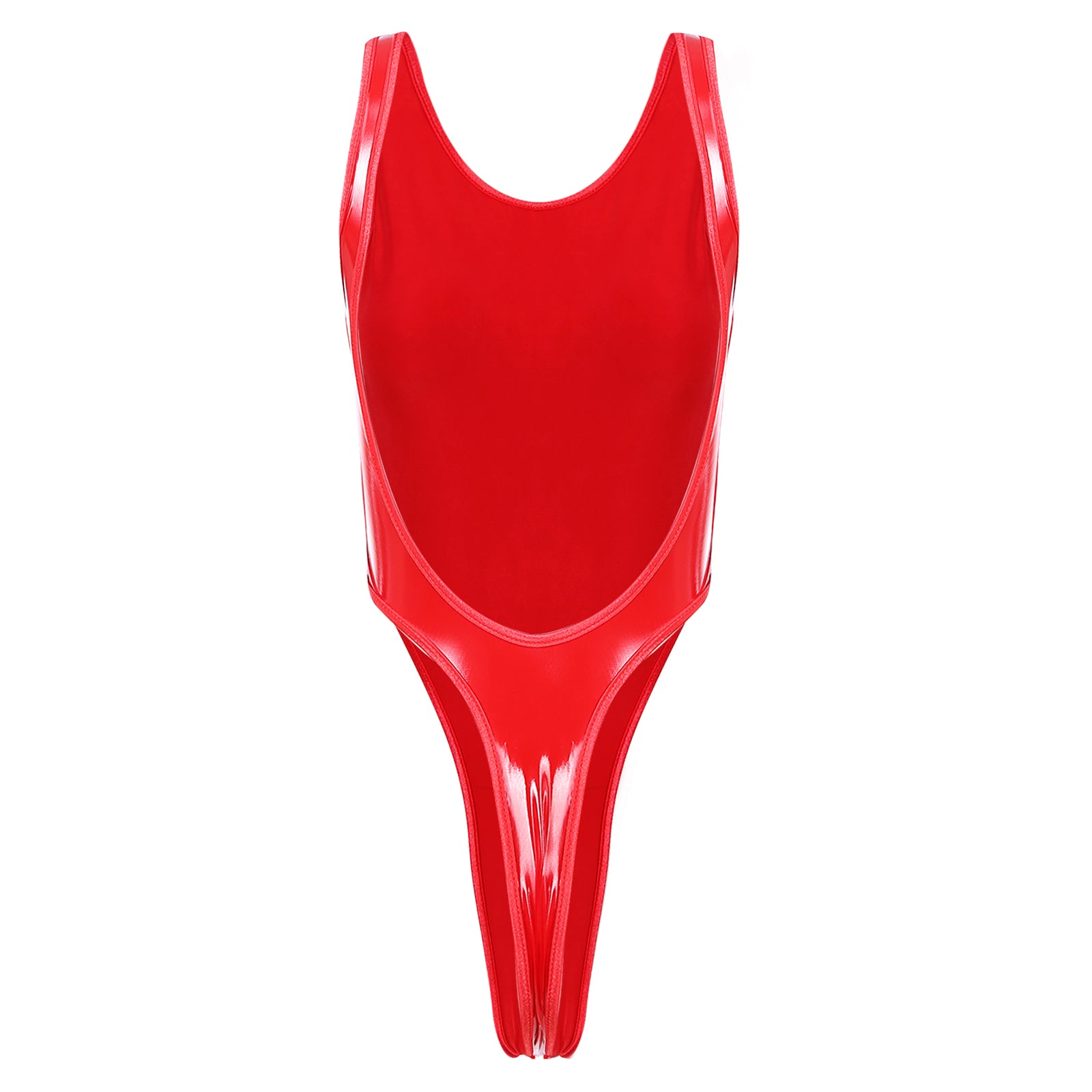 Womens Lingerie Crotchless Bodysuit Swimsuit U Neck Wet Look Patent Leather Clubwear High Cut Backless Catsuit Pole Dance Outfit