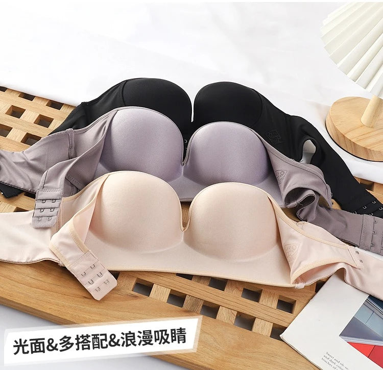Strapless Non Slip Invisible Bra for Women Front Closure Adjustable Push Up Bra Bralette with Breathable Gather Backless Bra