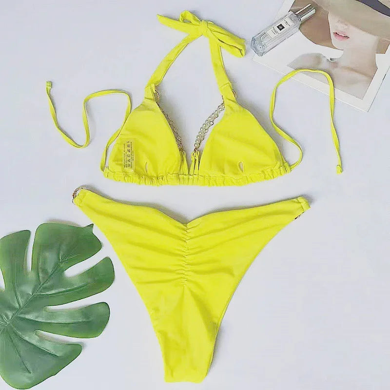 Bikini swimsuit with separate metal cover-up, women's halter neck backless swimwear made of highly elastic fabric