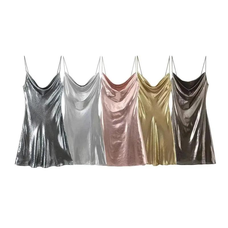 MUJER Slip Dress Women Glitter Backless Short Dresses for Women 2025 Sexy Gold Silver Dress Prom Gala Party Mini Dresses Woman