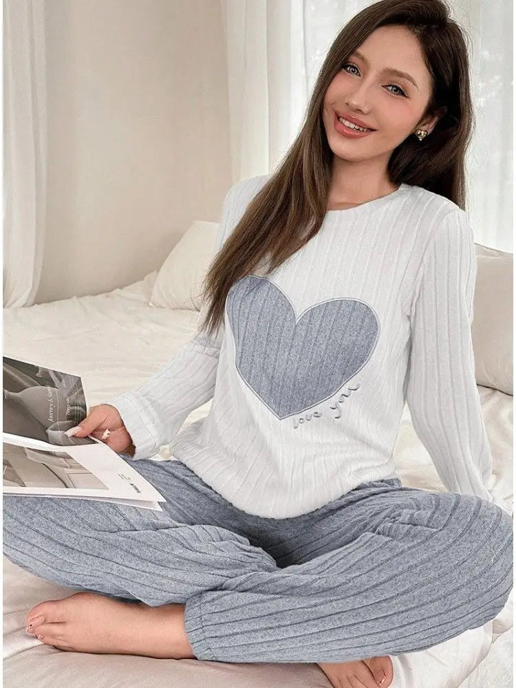 Pajamas Set Women Casual Fleece-Lined Round Neck Long Sleeve Tops and Trouses Sets Autumn Winter Warm Homewear Loungewear