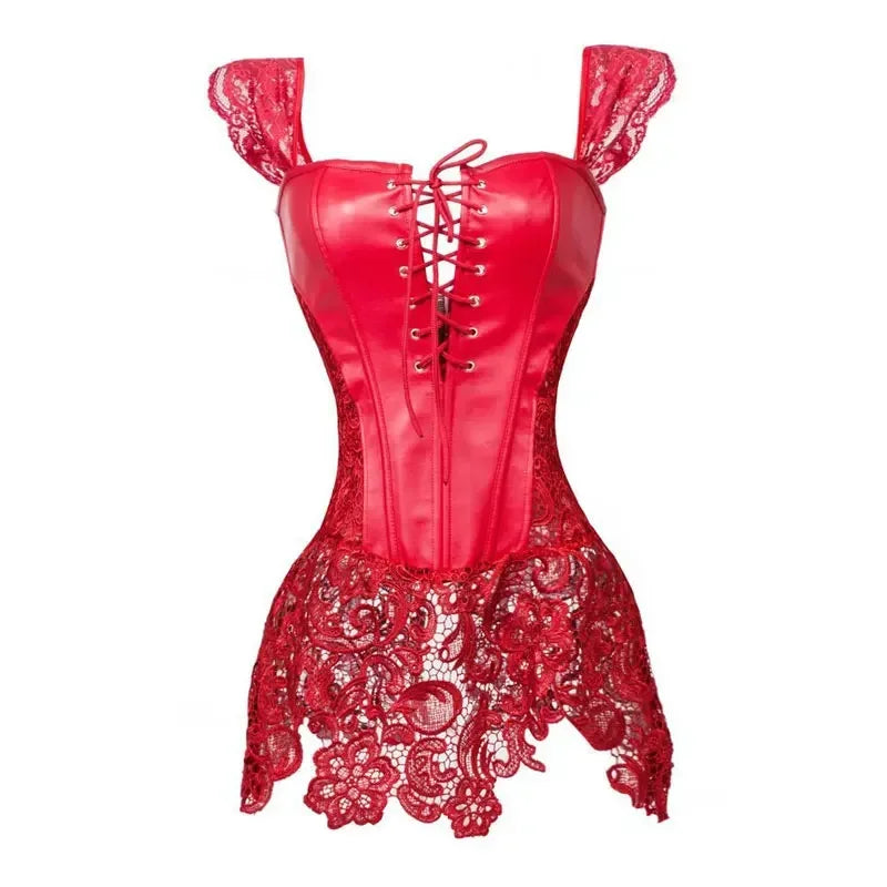 Women's Sexy Burlesque Lingerie Gothic Faux Leather Steampunk Corset Black Lace Bustier Overbust Corsage Korsett Corsets Top