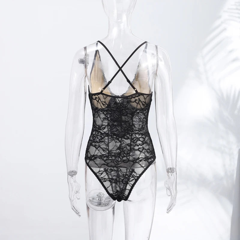 Sexy Women's Bodysuit Halter Lace Deep V-neck Sleeveless   Slim Female Bodysuits 2026 Summer New Fashion Party Chic Lady Top