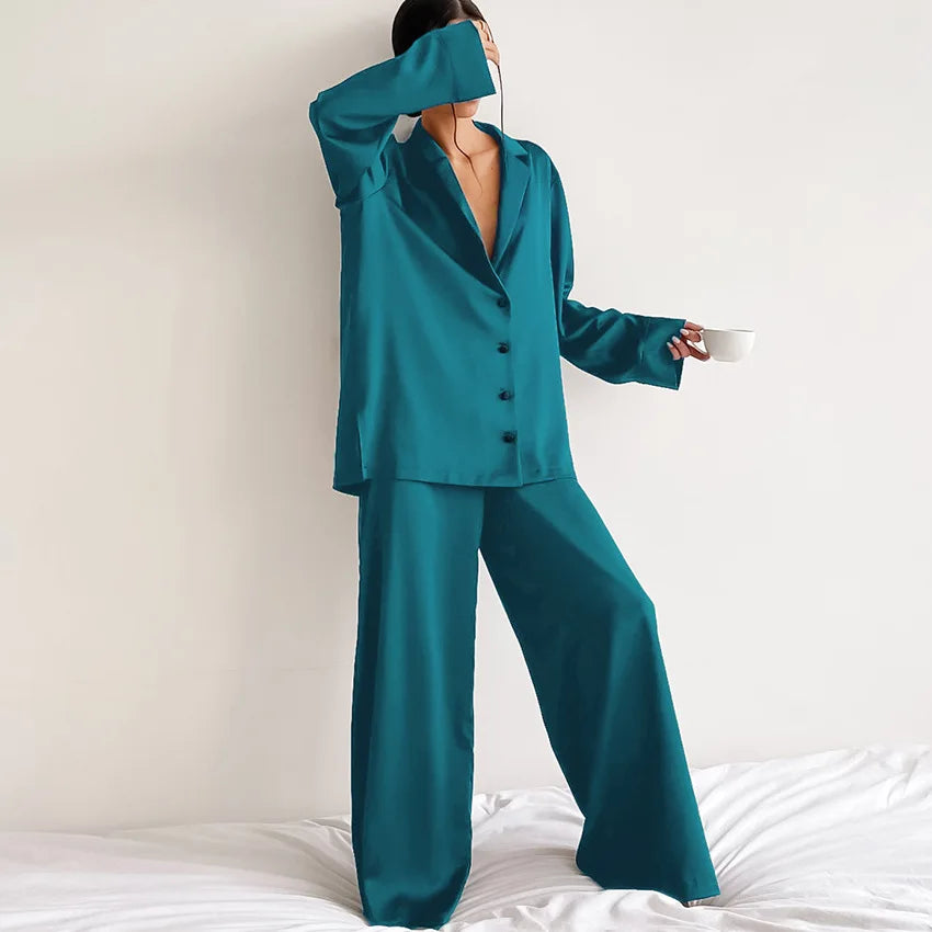 Two Pieces Women Pajama Sets Single Breasted Blouses Lounge Full Sleeve Spliced Straight Pants Casual Solid Lady Sleepwear