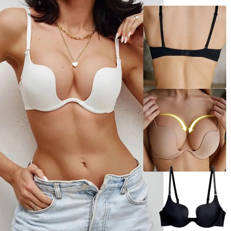 Push Up Bra Backless Women Bras Low Cut Sexy Plunge Brassiere Open Back Wedding Underwear Invisible Seamless Deep U Lingerie