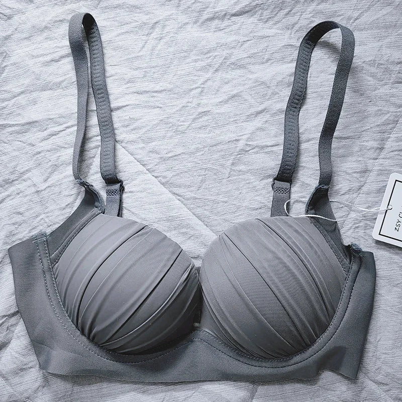2024 New Pleated Bras Push Up Bra Small Chest No Steel Ring Wirelss Soft Bra Solid Color Sweet Seamless Bra