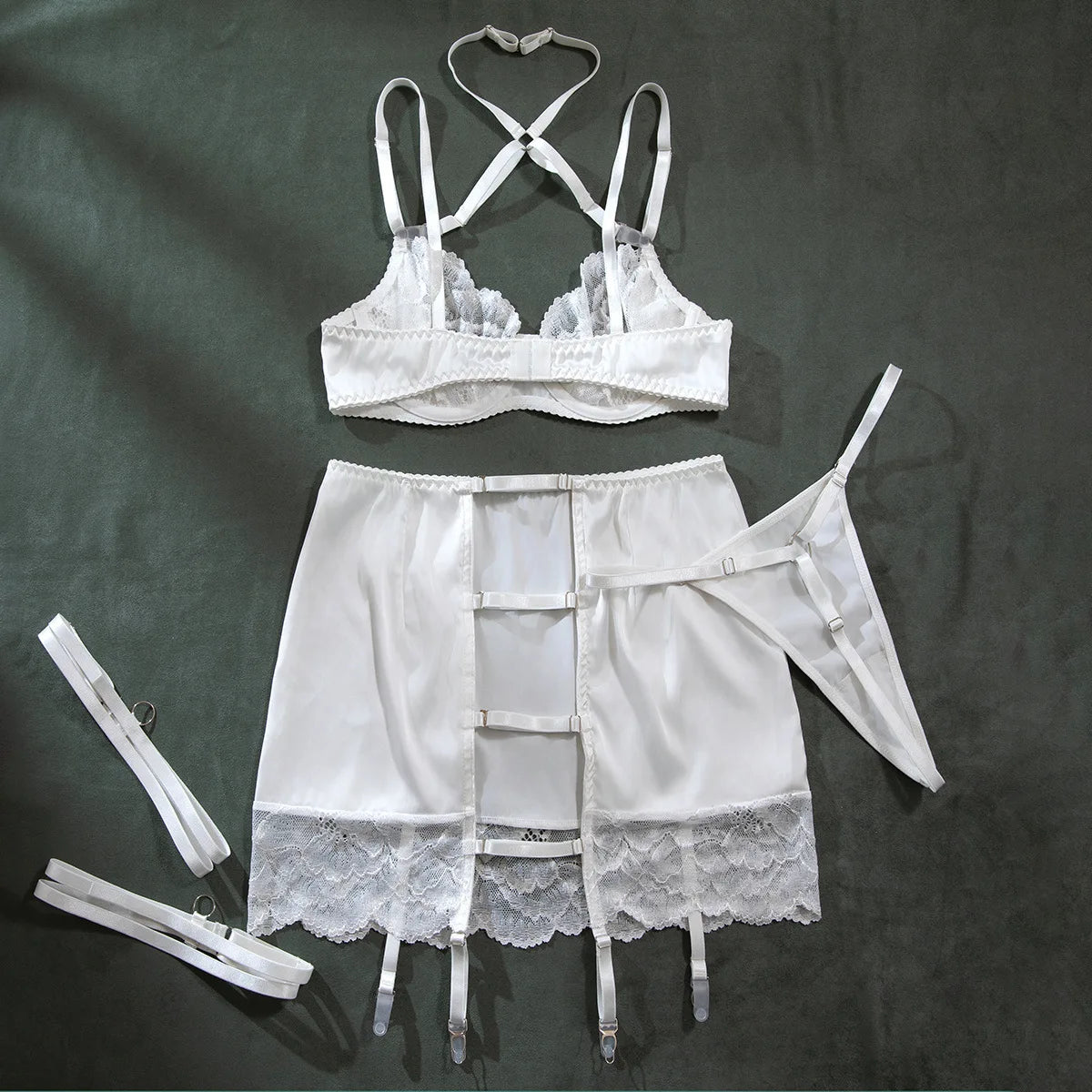 4 Pieces Sexy Lingerie Sets Women Hot Halter Lace Bra and Panty Garters Mini Skirt Set Sissy Erotic Costumes Romantic Underwear