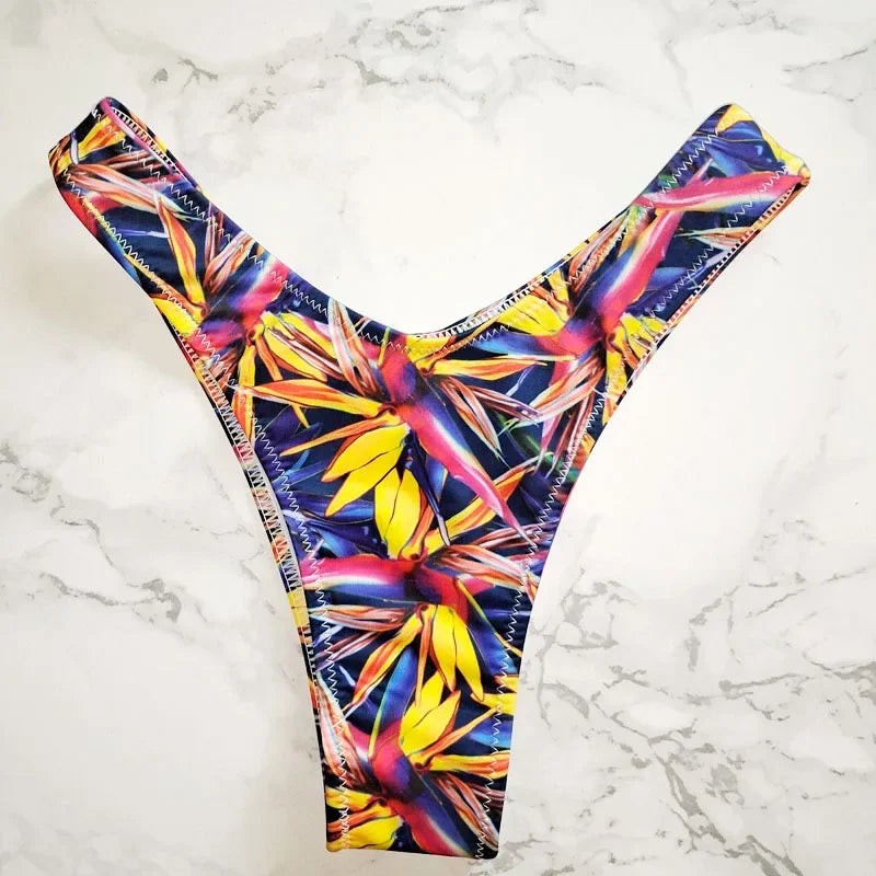 New Floral Print Brazilian Bikini Bottom Women's Swimwear High Waisted Sexy V Thong Swimsuit Bathing Suit Women Swimwear Women
