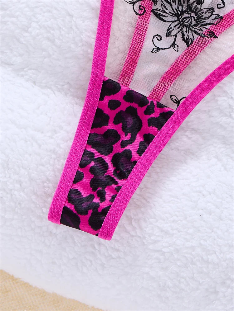 Lingerie Sexy Hot Female Lace Underwear Transparent Bra Panty Set Three-point Underwear Pure Desire Leopard Print Lingerie Set