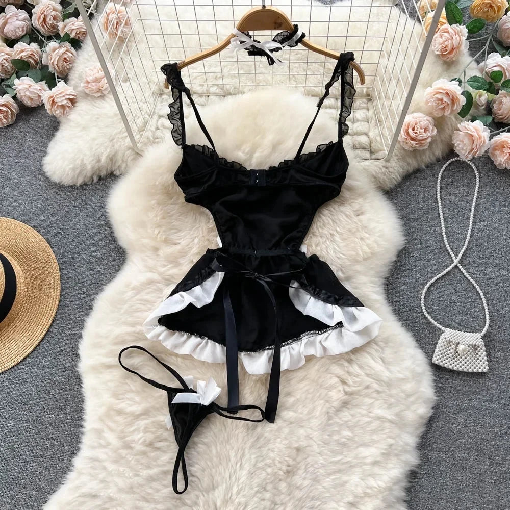Women Erotic Uniform Sensual Lingerie Dress Fashion Lace Spliced A-line Lingerie Sets Slim Sheer Comfortable Lingerie Sets New