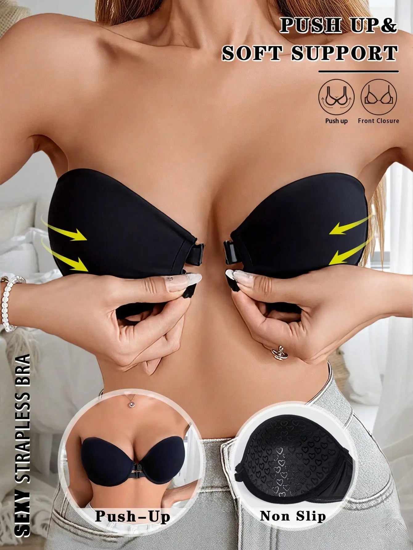 Strapless Bra Front Closure Push Up Bras For Women Heart Pattern Cup Backless Invisible Strapless Underwear Sexy Lingerie