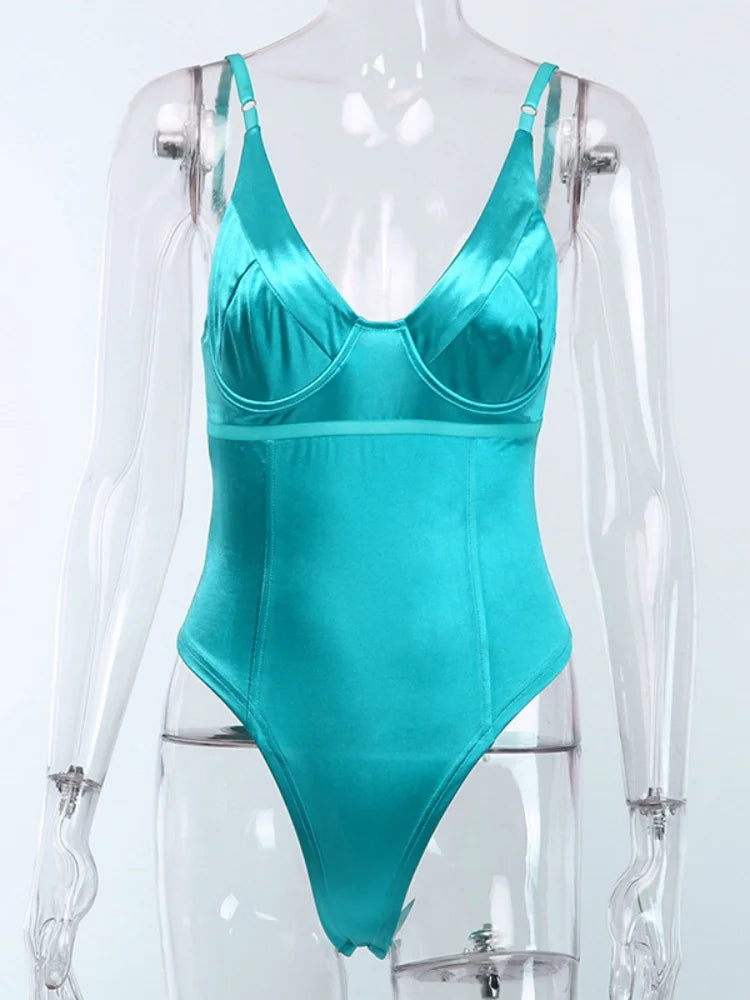 Skinny Sexy Bodysuit Lingerie V-neck Body Feminino Bright Silk One-pieces Tops Women Rave Outfit Sleeveless Lenceria Femenina