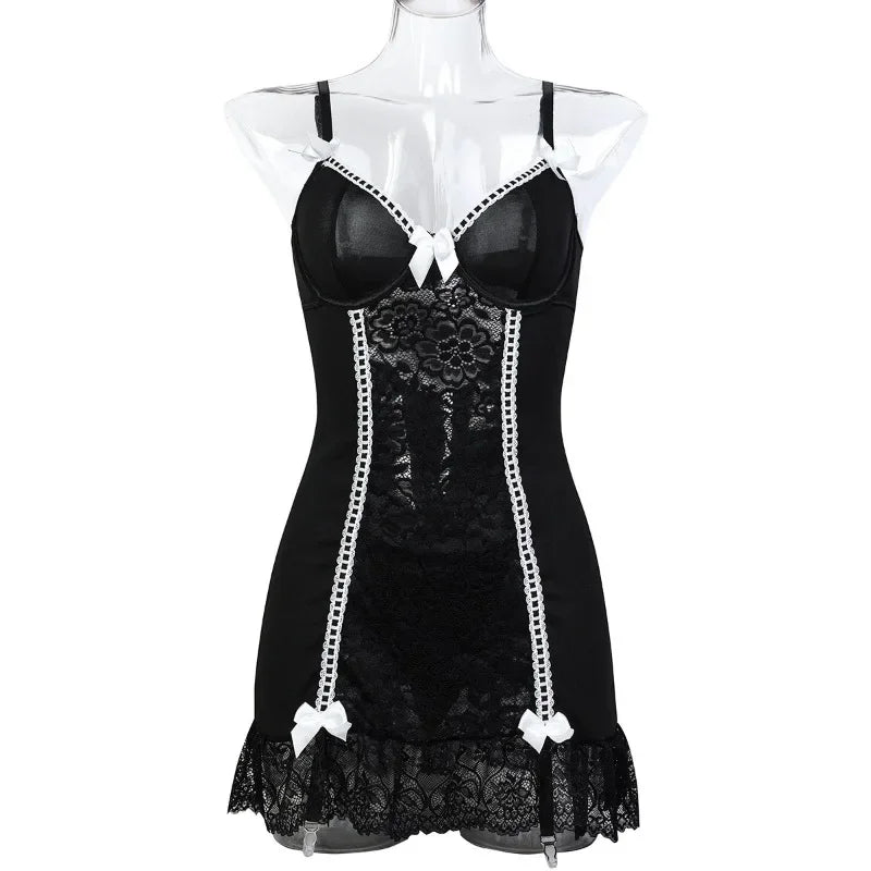 Floral Lace Babydolls Hot Sexy Lingerie Sets Women Transparent Embroidery Bow Exotic Chemises Night Dress with Thong Sex Outfit