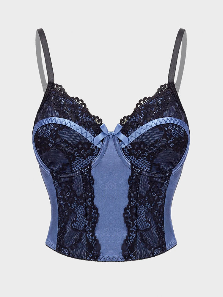 Blue & Black Lace Corset Top Adjustable Straps Satin Mesh Paneled Vintage Inspired Lingerie Bow Detail Intimate Wear for Women