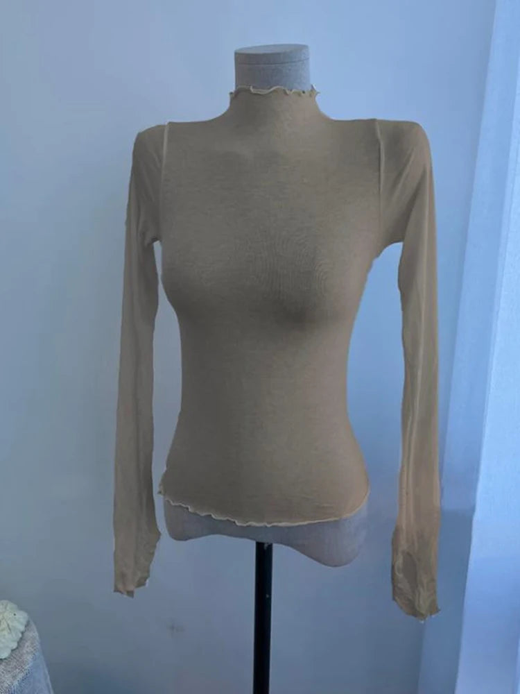 Sexy See-through T Shirt Women High Elasticity Tee Shirt Slim Thin Ruffled Turtleneck T-shirt Female Solid Top