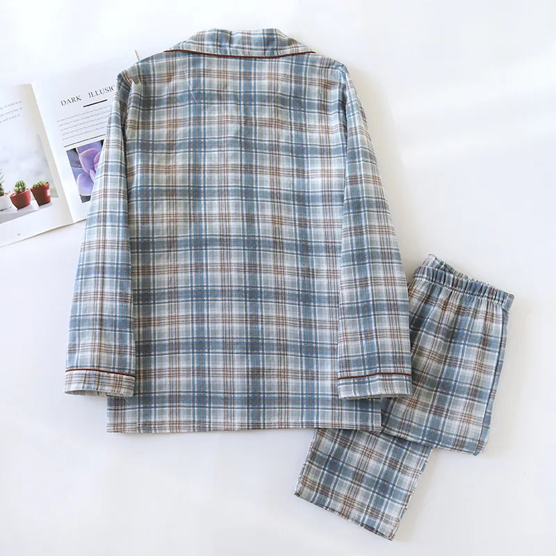 2026 Japanese New Men's Pajama Set Spring/Summer Checkered Simple Long sleeved Two Piece Set 100%Cotton Cardigan Home Furnishing