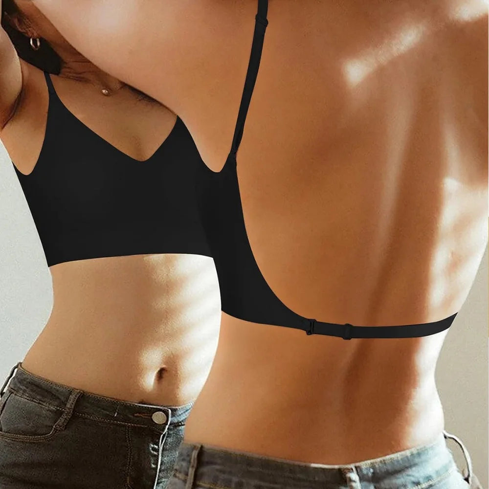 Women Invisible Bra Deep U Plunge Backless Bras Top for Dresses Removeable Padded Push Up Seamless Underwear Bra