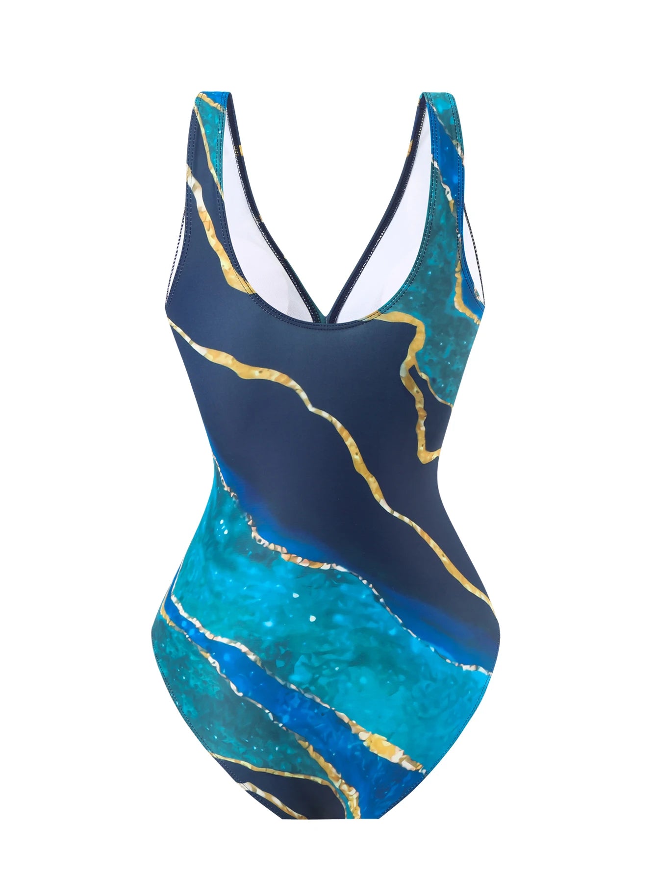 Women's One-Piece Swimsuit with V-Neck and Cross-Tie, Sexy and Elegant, Tummy-Concealing and Slimming, Popular European and American Style, Blue Marble Print Two-Piece Set with Mesh Overlay, Tie-Up, and Draped Skirt