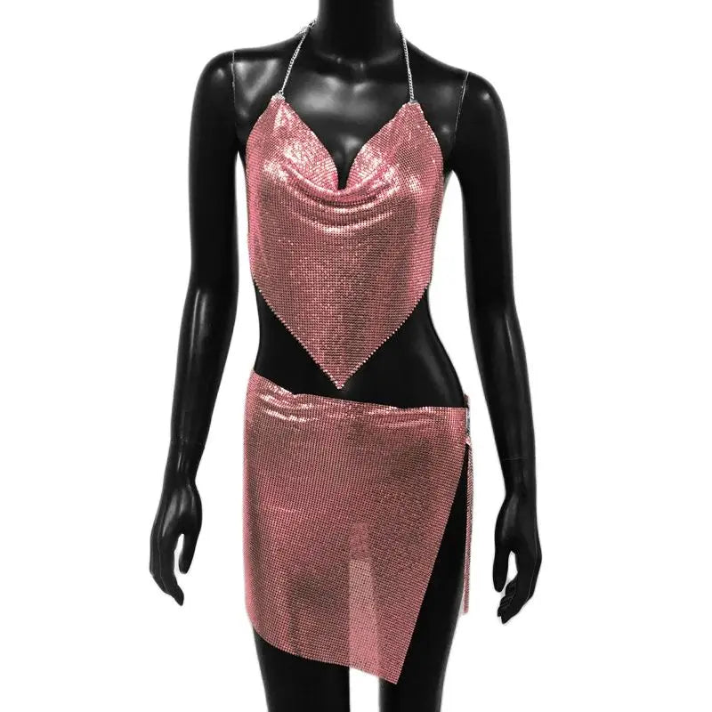 Sexy Metal Sequins 2 Piece Set Women Sleeveless Deep V Neck Backless Halter Tank Tops Split Mini Skirts Beach Party Outfits