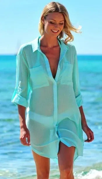 Sexy Beach Cover Up Women Bikini Pocket Swimsuit Cover Up Hollow Out T-shirt White Bathing Suit Cover-Ups Tunics Beachwear Robe