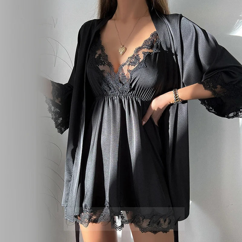 Sexy Lace Twinset Robe Set Nightgown Silky Satin Home Dress Lounge Wear Summer Female Sleepwear Kimono Bathrobe Gown Lingerie