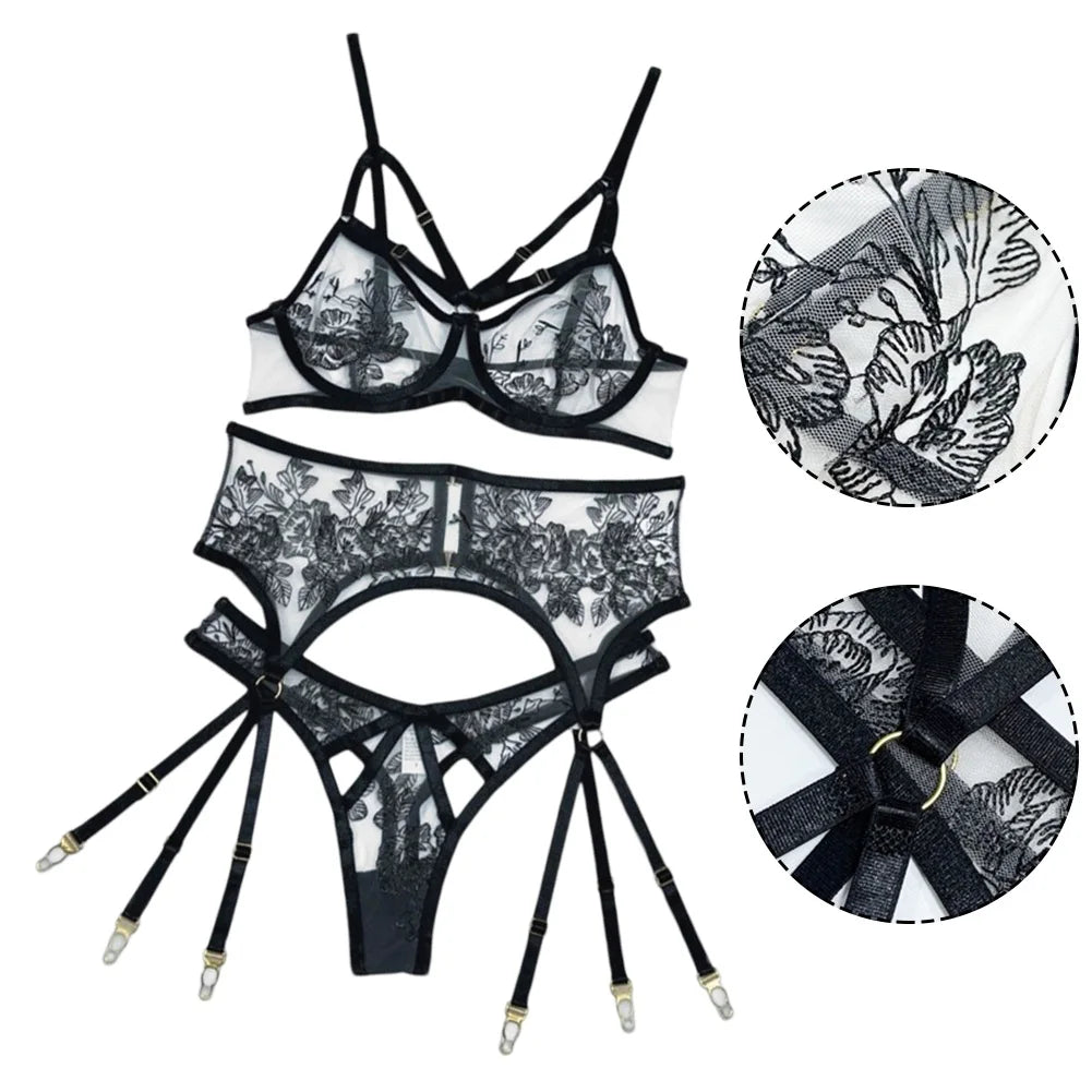 See-through Bra Set For Women Sexy Lingerie Flroal Black Bra Brazilian Underwear Set Japanese Woman Panties Women's Swimsuit