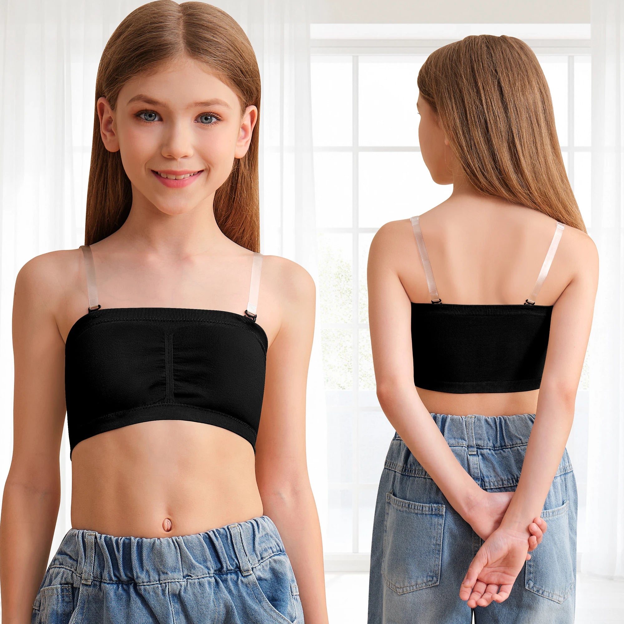Girl Ballet Dance Bras Seamless Wireless Elastic Bras Adjustable Replace Clear Straps Removable Sponge/Silicone Chest Padding ﻿