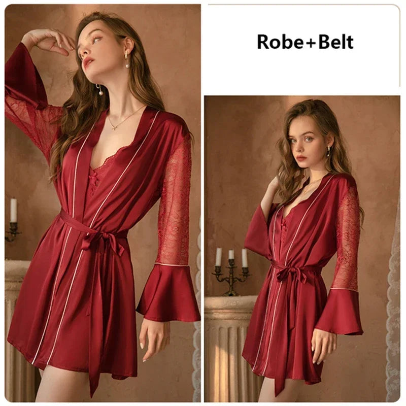 Women Sexy Lace Night Dress Sleepwear Robe Sets Lingerie Bridesmaid Gift Bathrobe Party Pajamas Nightgown Dressing Home Suit