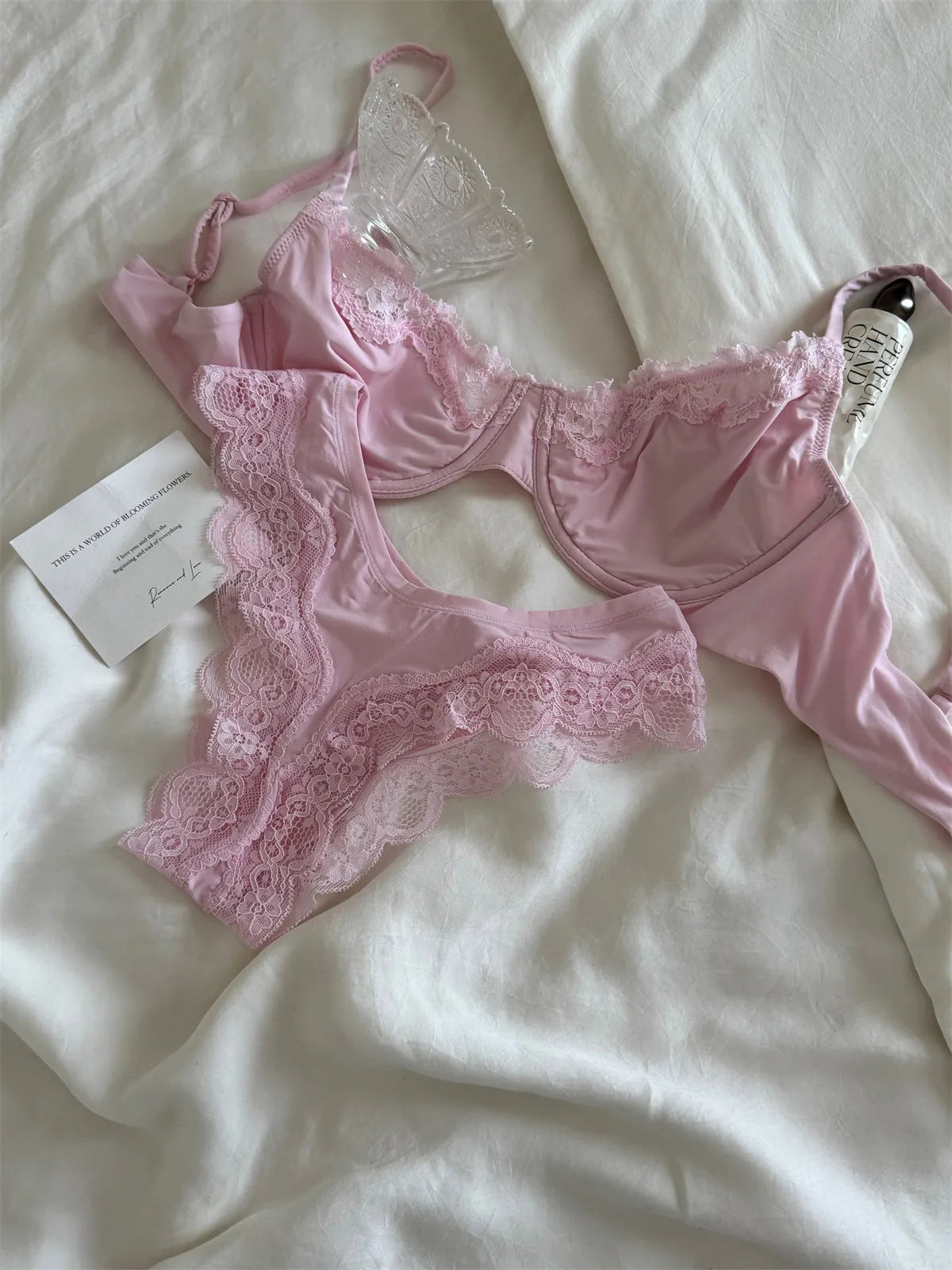Pink Unlined Full Cup Bra Set Underwire Lace Trim Lift Comfortable Minimalist Seamless Skin-friendly Everyday Bras and Panty