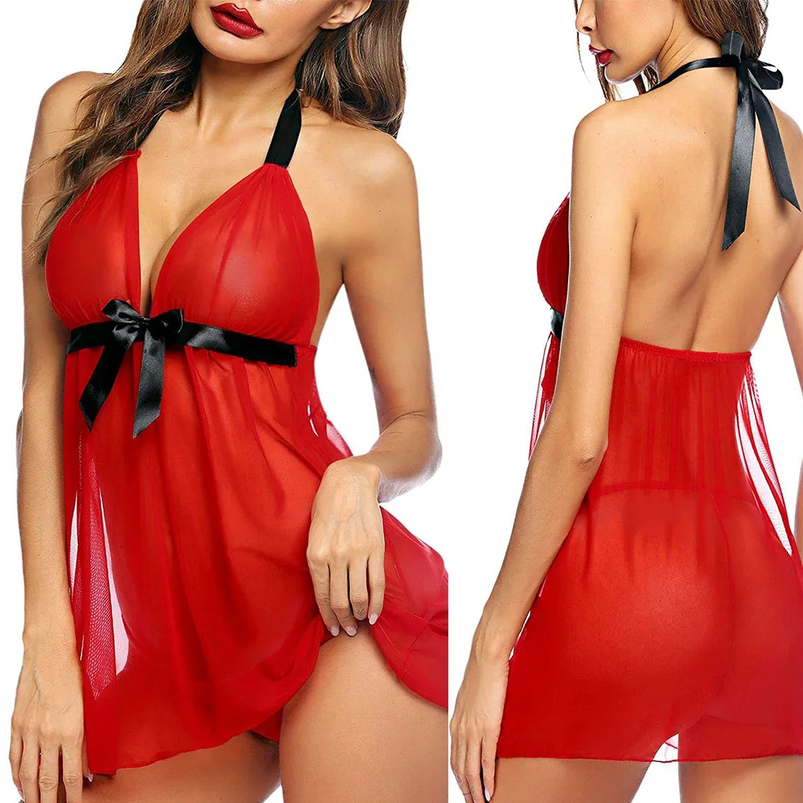 Sling Lingerie Set Women's Sexy Lace Mesh Patchwork Suspender Long Skirt T-back Nightdress Solid Color Deep V Nightwear Sets