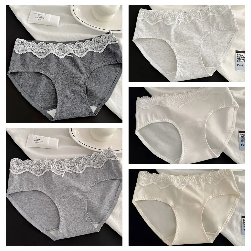 Lingerie Bow Lace Cotton Panties Transparent Seamless Underwear for Women Mid Waist Soft Floral Lace Briefs Spring Summer