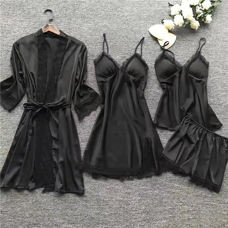 Women's 4-Piece Lingerie Set - Black Lace, The Ultimate Viral Essential for Comfortable & Sexy Lounging