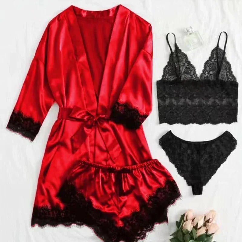 Spring and Autumn Women's Sexy High-quality Lace Camisole Pajamas Soft Comfortable Breathable and Comfortable 4-piece Set