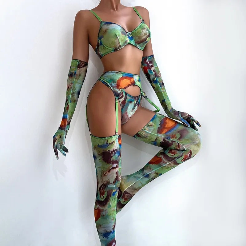 5 Pieces Lingerie Set Women Nightwear tie-dye Printed Halloween Underwear Bras Panties Golves Stocking Erotic Laungerie Set