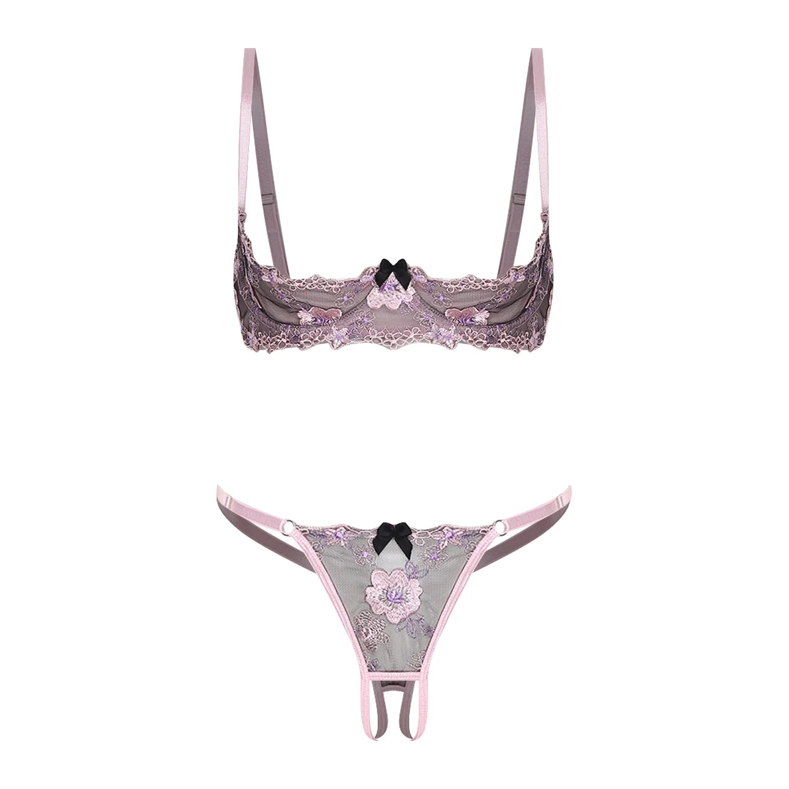 Womens Lingerie Bare Exposed Open Nipples Bra Underwear Set Floral Lace Brassiere 1/4 Cup Underwire Push-up Bralette Balconette