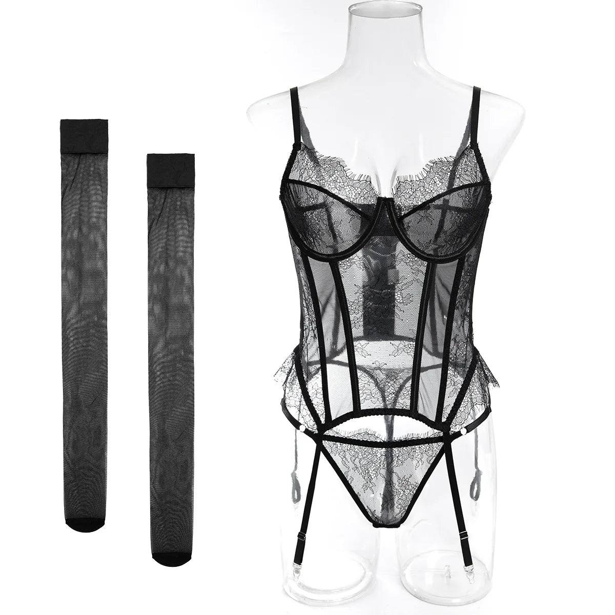 Sexy Lace Corset Lingerie Set for Women Push Up Bustier Bodysuit Boned Waist Cincher Garter Belt Stockings Erotic Underwear Set