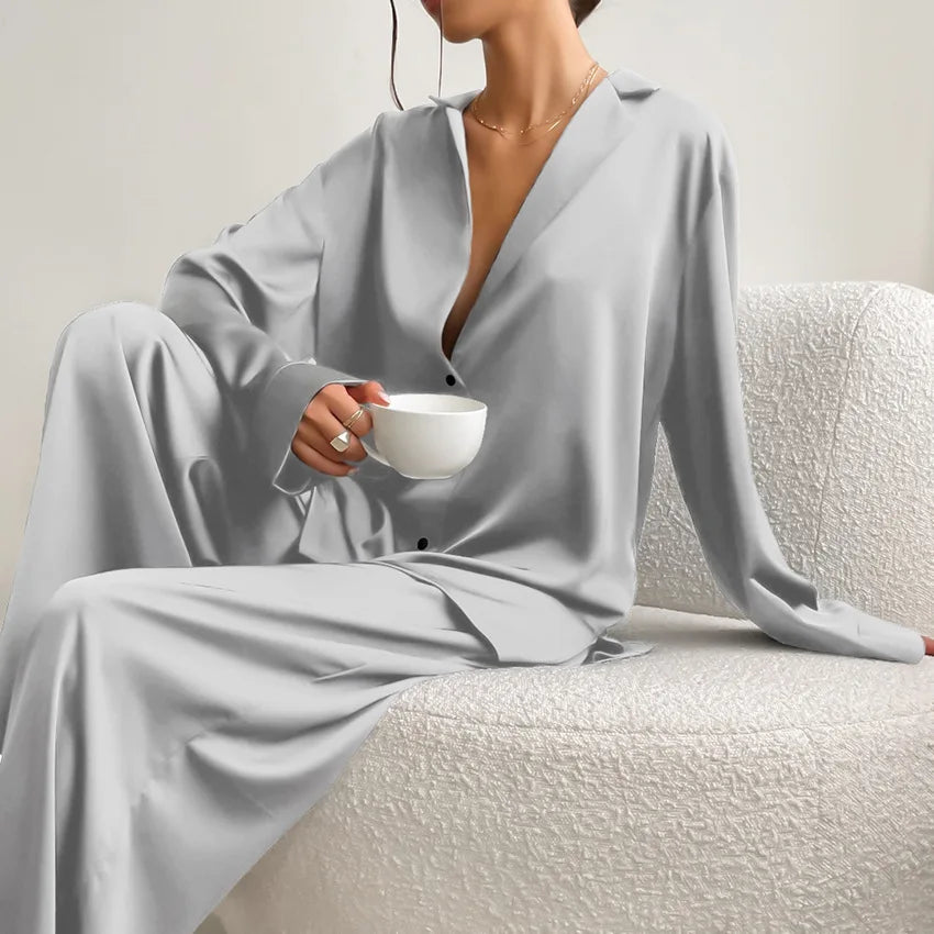 Two Pieces Women Pajama Sets Single Breasted Blouses Lounge Full Sleeve Spliced Straight Pants Casual Solid Lady Sleepwear