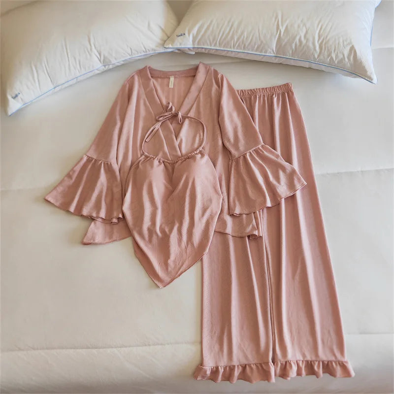 Pajama Set Woman New Chest Pad Sleepwear Ladies Night Wear Clothes Long Sleeve Trousers Suit Cotton Home Pijama De Mujer 3 Pcs