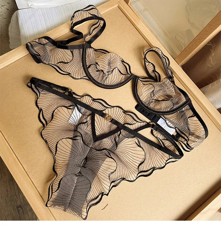 Erotic Lingerie Sets Sheer Transparent Lace Bras for Women Sexy Embroidery Push Up Bra and Thong Matching Set  Underwear Women