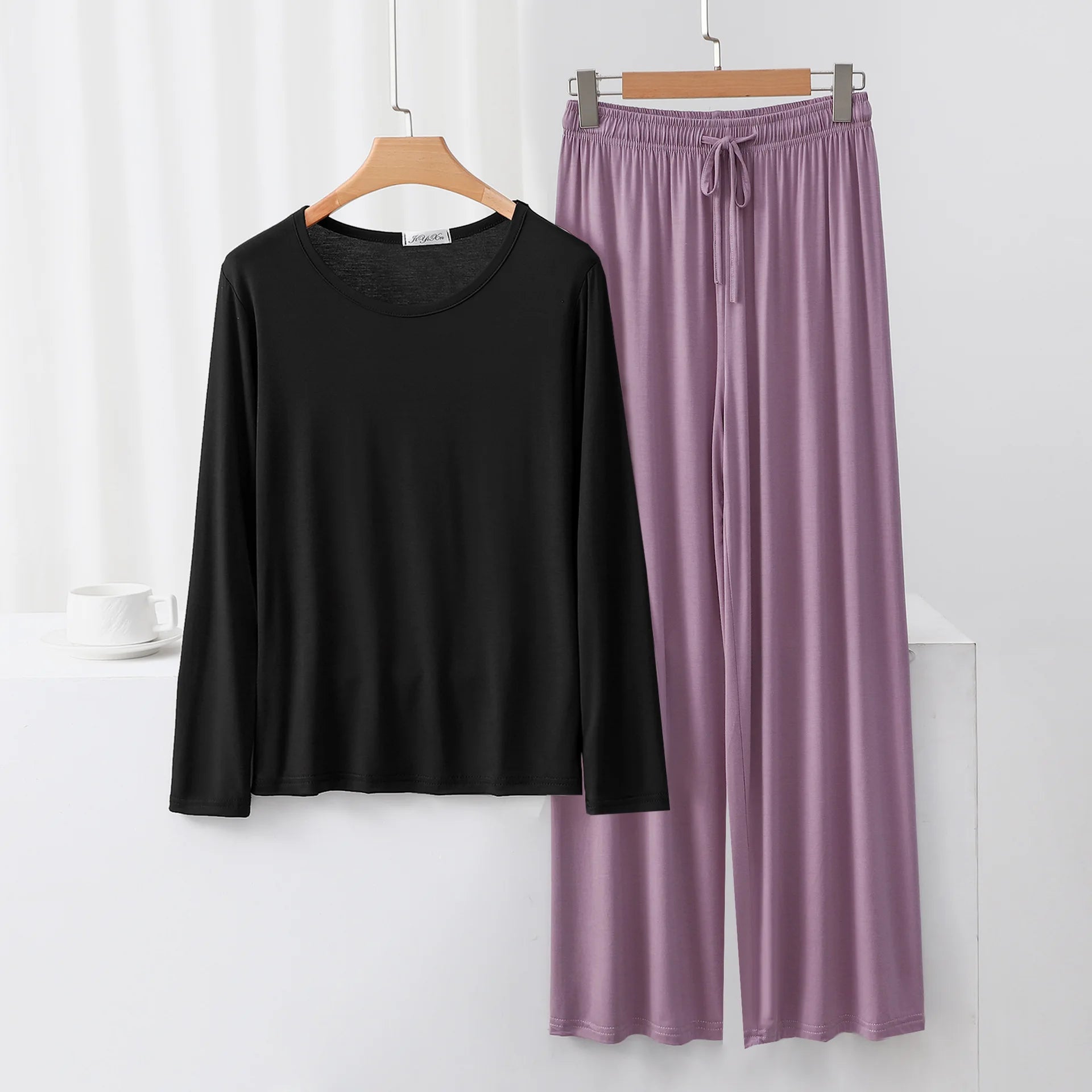 Modal Pajama Sets 2 Piece O-Neck Long sleeved Tshirt and Wide Leg Pant Ankle Length Loose sleepwear set Comfort homewear suits
