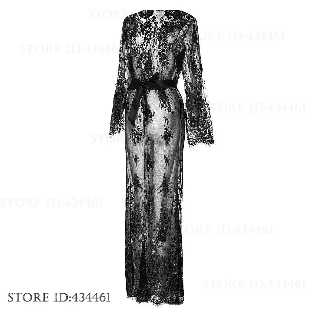 Temptation Perspective Lace Long Robe Nightgown Intimate Lingerie Sexy Mesh Kimono Bathrobe Gown Loose Casual Home Dress Pajama