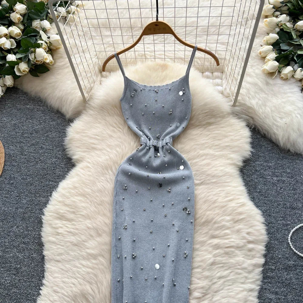 Sexy Knitting Split Long Dress Sleeveless Sequins Diamonds With Sashes Skinny Sundress 2025 Fashion Women Summer Dress