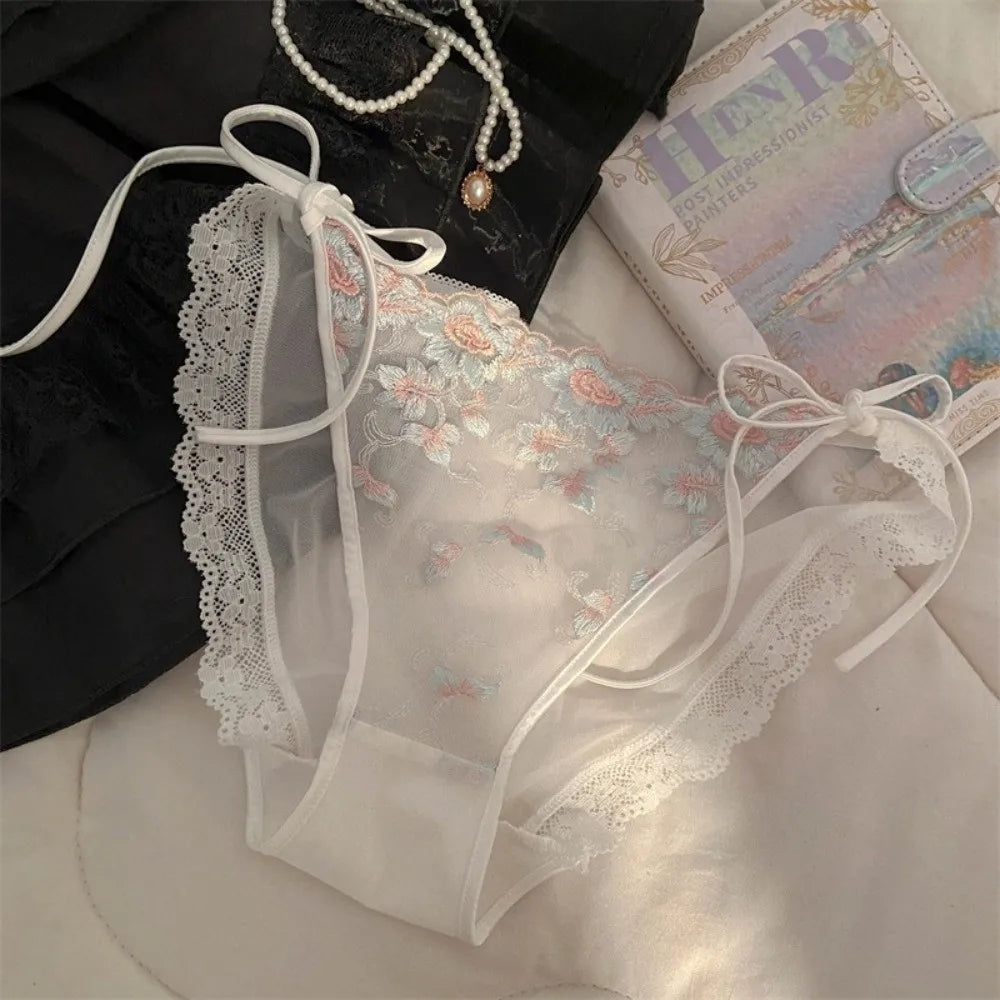 Lingerie Low Waist Embroidery Flower Panties Transparent Sweet Underwear for Women Cotton Crotch Lace-up Underwear Girl
