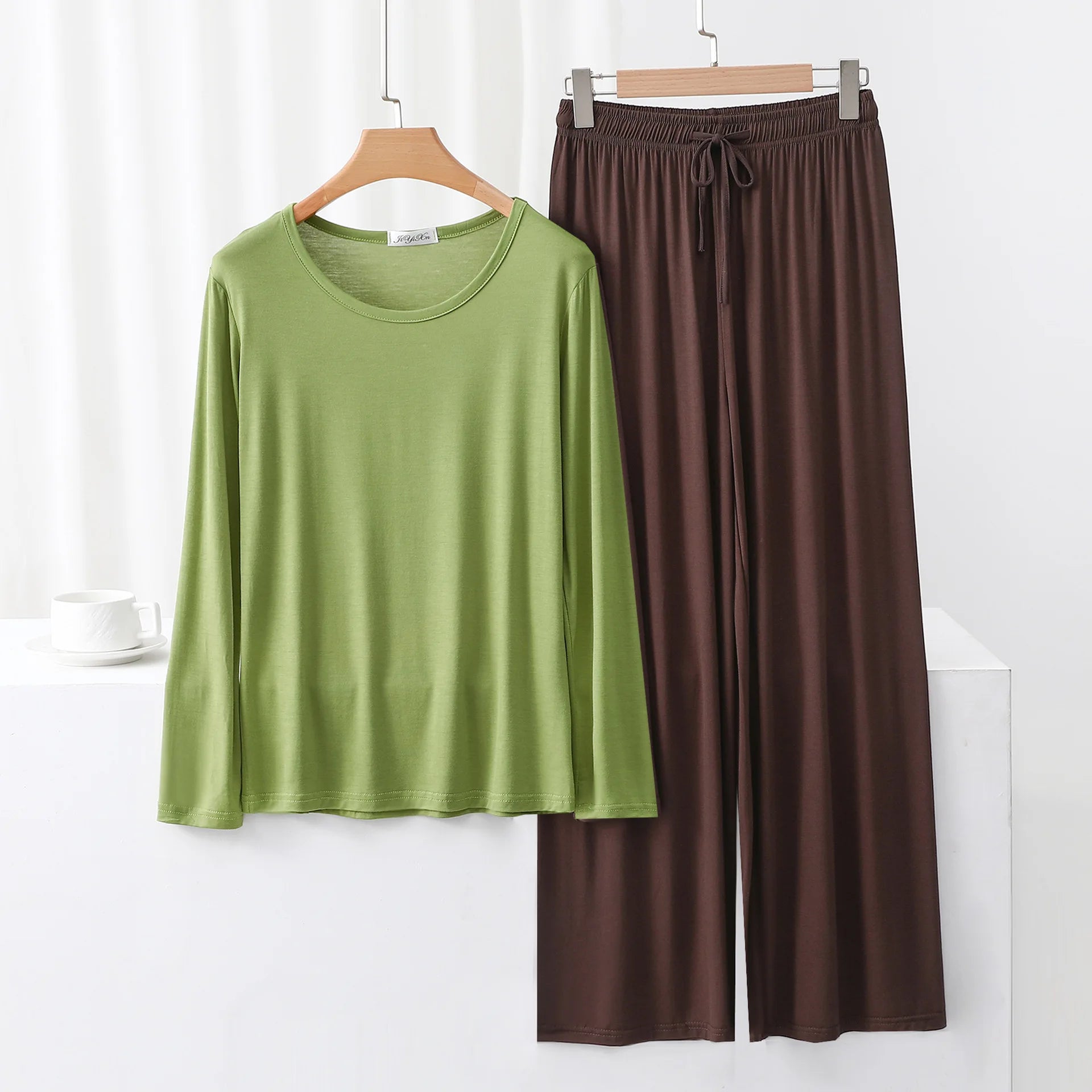 Modal Pajama Sets 2 Piece O-Neck Long sleeved Tshirt and Wide Leg Pant Ankle Length Loose sleepwear set Comfort homewear suits
