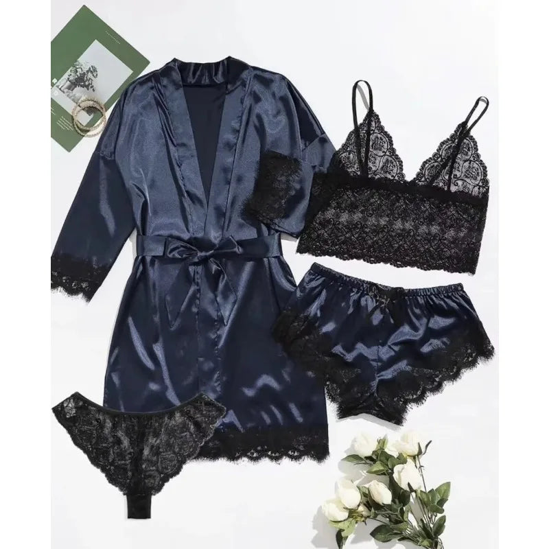 4PCS Satin Pajama Set with Robe - Lace Trim Cami Top & Shorts, The Viral Must-Have Elegant Loungewear for Women's Sleepwear