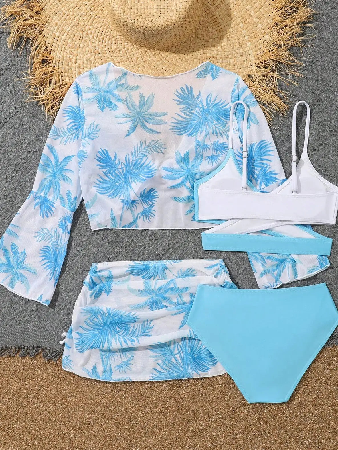 4 Pieces Bikini Top & Skirt 2026 Girls Swimsuit Kids High Waist Swimwear Children Bathers Bathing Swimming Swim Suit Beachwear