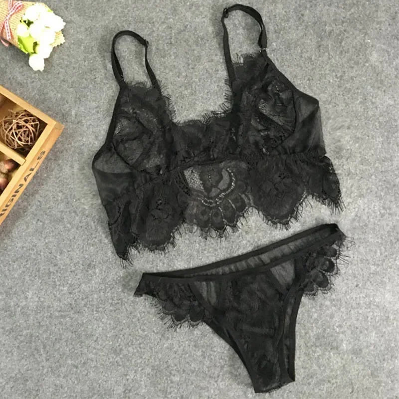 Lingerie Set Plus Size Hot Underwear Women Set Bra&Panty Thong Set Transparent Lingere Lace Black Open Intimates