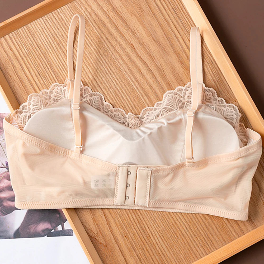 Lace Bralette Bra for Women 19 Momme Mulberry Silk No Underwire Wireless Full Coverage Lightly Lined Adjustable Skinny Strap